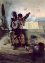 Oil painting of an older gentleman, with his young student sitting on his lap, while he teaches a lesson on the banjo.