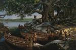 Oil on canvas painting of a hollow cottonwood tree depicting Europeans and Native Americans engaged in trade and conversation. To the left of the painting sit canoes at the waters edge.