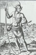 A seventeenth-century engraving of a Susquehannock Indian, based on Captain John Smith's description.  According to Smith, the Susquehannocks were a "gyant-like people" who dressed in wolf and bear skins and could "beat out the braines of a man" with their clubs