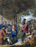 This image depicts a treaty council between Indians and Europeans on the Pennsylvania frontier.  An Indian orator speaks over the council fire while using a wampum belt to make his point.  One of his compatriots smokes from a pipe tomahawk.  British officers listen with rapt attention (one places his hand over his heart), while a secretary records the proceedings.