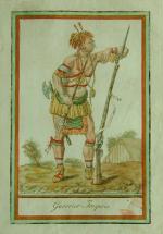 The warrior depicted here has been outfitted with a European musket, hatchet, pipe tomahawk, peace medal, and clasp knife
