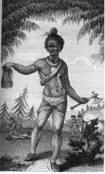 Print shows a Native warrior holding a scalp in right hand and a tomahawk in left hand.