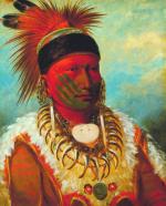 Red dominates this oil on canvas of a chieftain, wearing a cloth necklace, paint on face, and feathers on top of head.