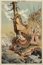 This cartoon depicts a snake portrayed as a Native American coiled around a pioneer family, squeezing the life out of them, and around a tree; Uncle Sam is feeding the snake from a bowl of "Government Gruel". 
