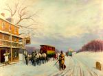 In this snowy scene a tavern owner welcomes an arriving carriage with passengers.