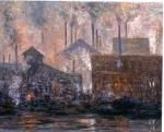 Depicts the smoke and fire that poured from the smokestacks and furnaces of the mills that lined Pittsburgh's rivers.'
