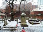 Snow covered, winter scene of the Mikveh Israel Cemetery at 831 Spruce Street. 