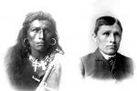 Images of a Native American, young, man with long hai, hoop earrings, necklaces and soulful eyes. An image of the same man with short hair, wearing a suit adn tie.