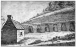 An 1822 sketch of a row of mines burrowing into a hillside. In the foreground is a small building.