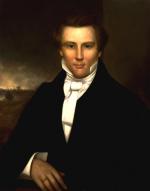 Oil on canvas of Joseph Smith wearing a black suit with white, high collared shirt.