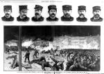 Two page spread showing police charging rioters on May 4th in Haymarket Square, Chicago, and bust portraits of seven policemen.