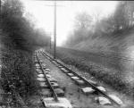 Early iron T-rail track laid on stone "sleepers" from the Camden Amboy railroad in New Jersey. 