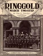 Cover of the sheet music depicting a big band ensemble standing in front of a building, wearing their uniforms, and holding their instruments. 