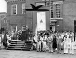 Gov. Edward Martin speaking at ceremony outside Independence Hall, where he was receiving the first Service Flag from Emergency Aid of Pennsylvania on June 3, 1943.  