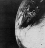 This black and white photograph of earth is the first televised picture from space.  
