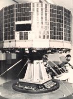 TIROS I satellite on test stand during preliminary test stage.