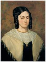 Oil on canvas portrait of a woman wearing a dark dress, with lace top, and a shawl around her shoulders.