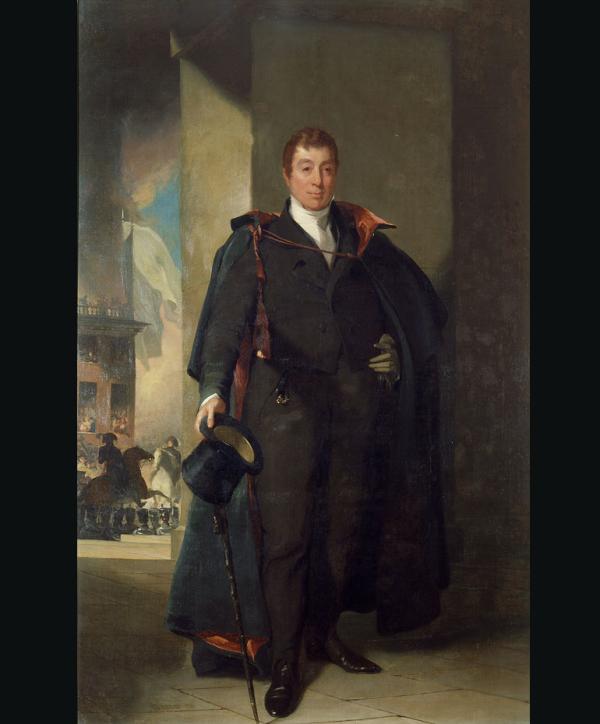 In this full length Portrait, Lafayette idealistically depicted Lafayette as much younger than his sixty-seven years. Lafayette stands in front of the triumphal arch that was designed by architect William Strickland for the hero's reception at Independence Hall. Philadelphia's Washington Grays, Lafayette's military escort through the city are visible in the midground. In the background is Independence Hall, filled with a cheering crowd, and an American Flag is visible. 